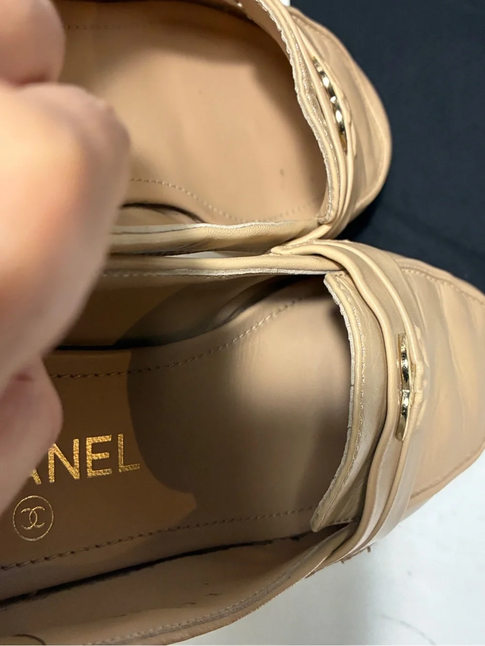 CHANEL Tan Leather CC Logo Penny Loafers
